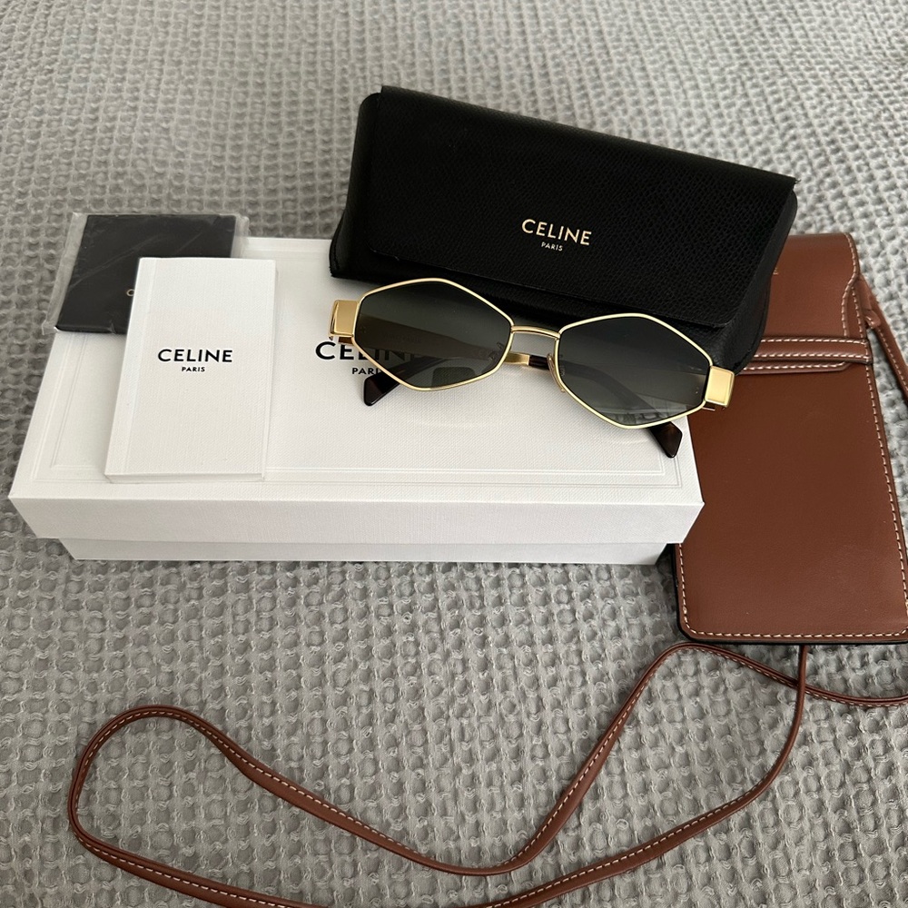 Celine Women's Sunglasses with Gold Frame and Black Lenses